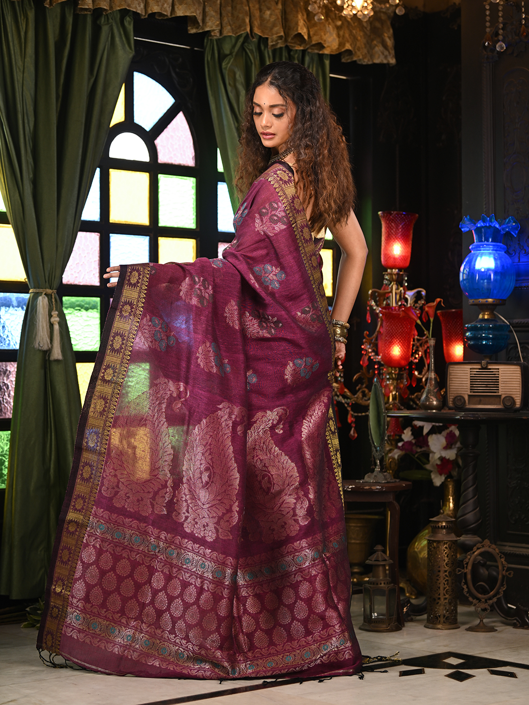 Woven Design Zari Pure Linen Saree - Image 6